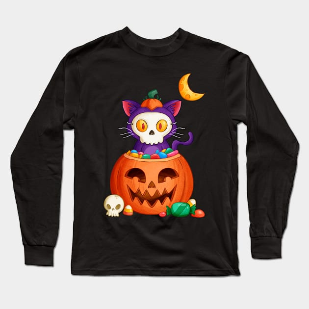 Halloween Cat Skull Cute halloween kitten for kids & adults Long Sleeve T-Shirt by FunnyUSATees